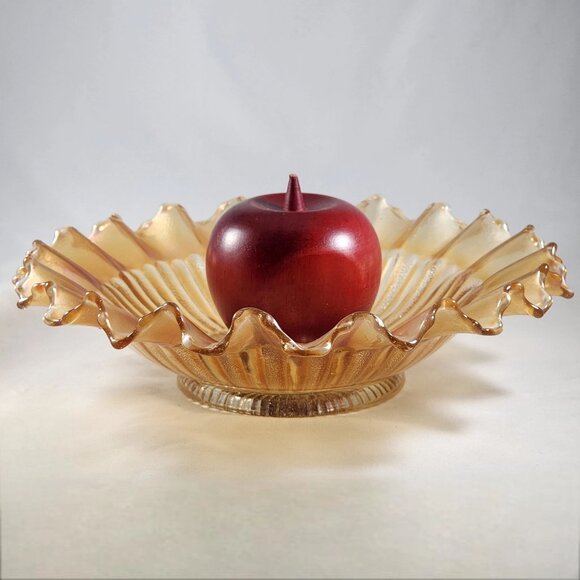 Vtg Northwood Carnival Glass Bowl Opalescent Orange Peach Ruffled Ribbed Pattern - Picture 3 of 9